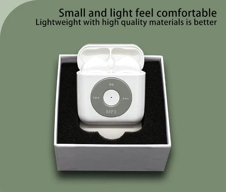 White wireless Bluetooth semi-in-ear earphones with a charging compartment on a white background.