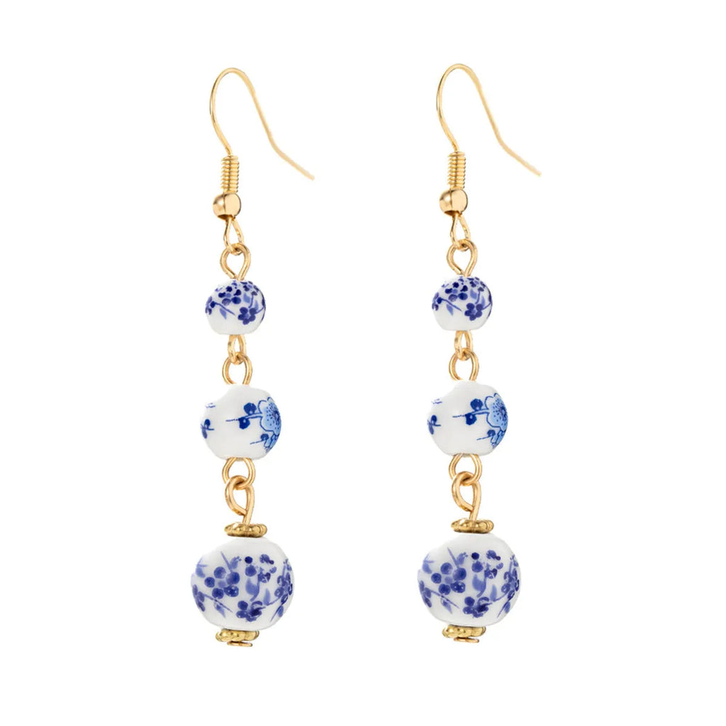 Blue and white porcelain ceramic beads long retro drop earrings for women with alloy hook