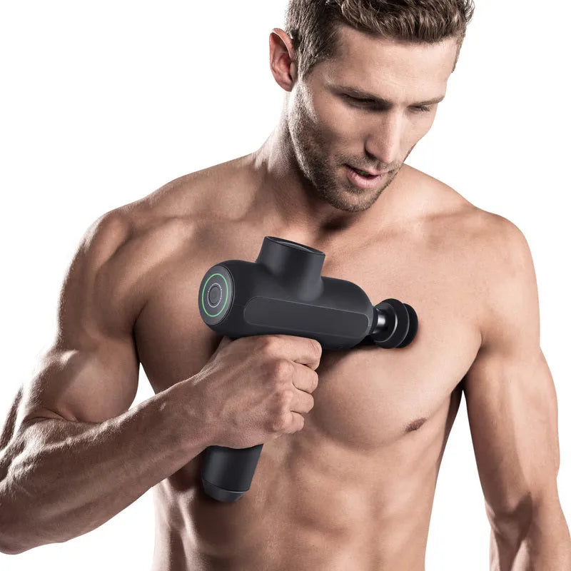 Rechargeable electric muscle massager with six different coloured massage heads on a black unit.