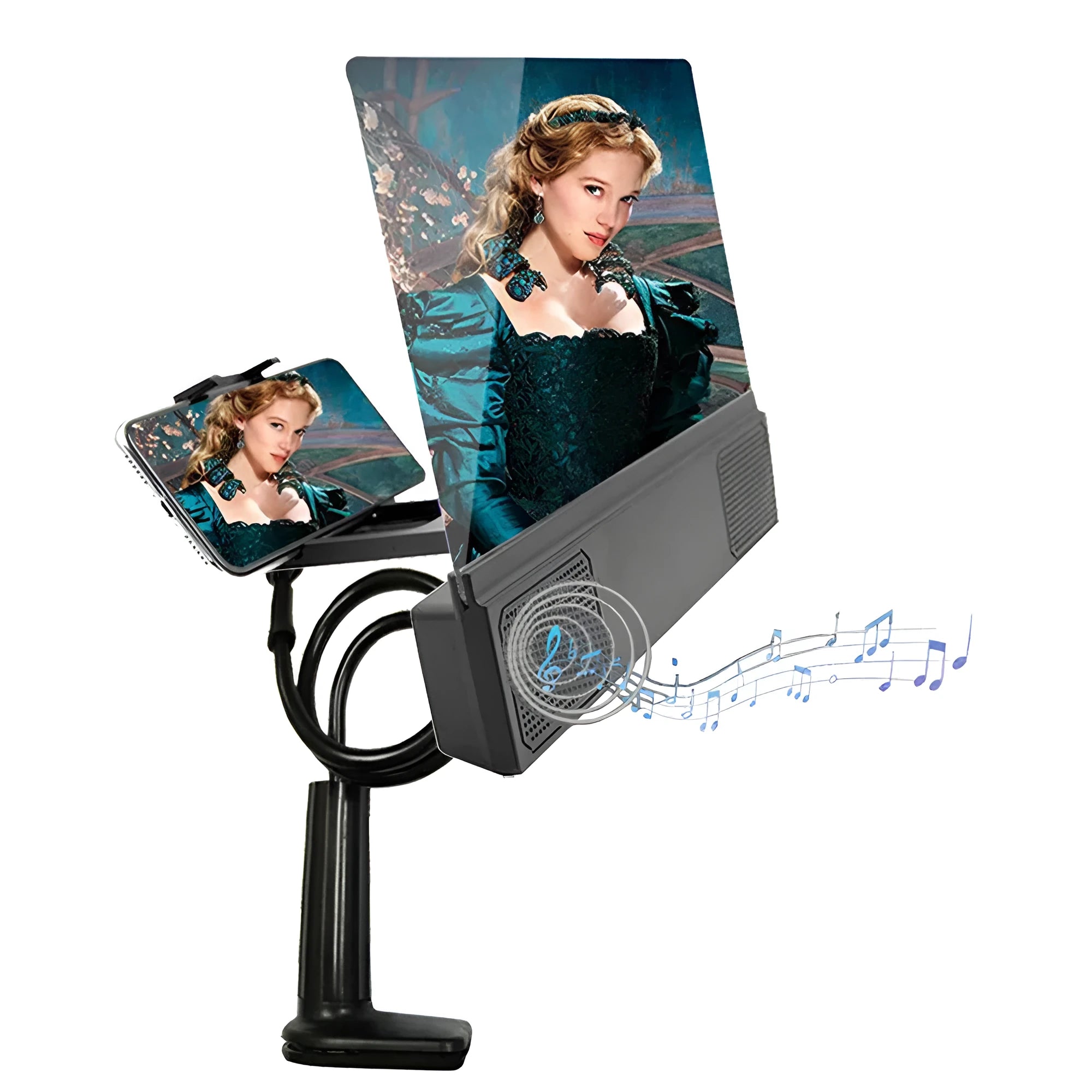 12-inch mobile phone screen amplifier with flexible gooseneck stand and built-in speakers