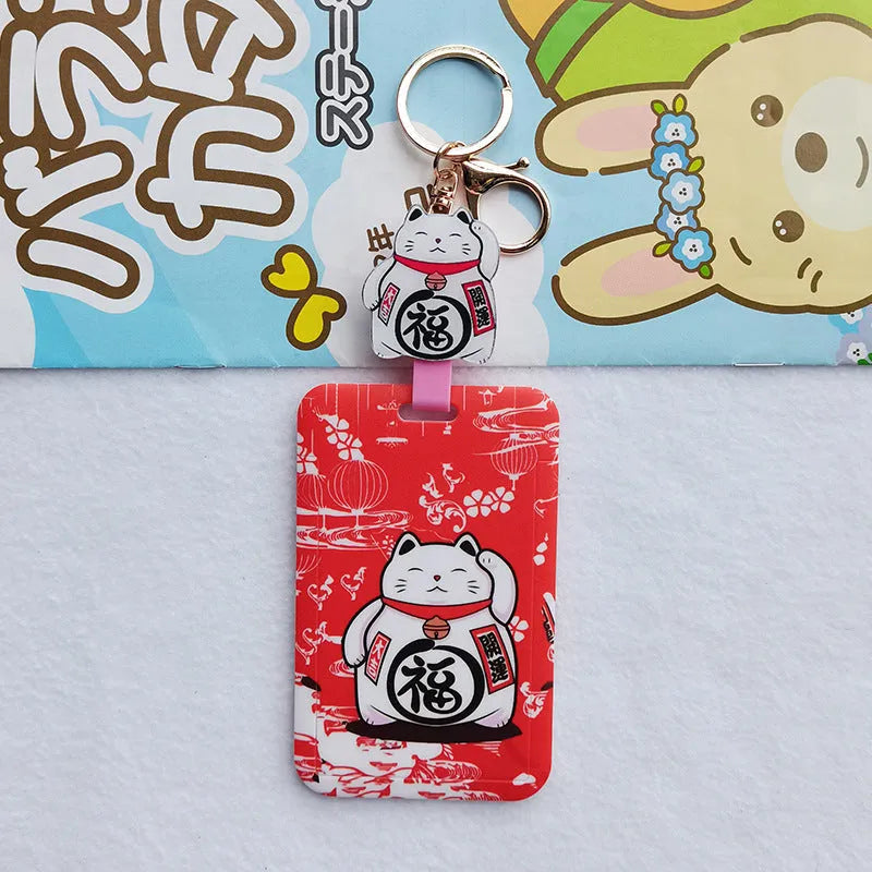 Lucky cat blessing certificate set with plastic card sleeve and ferrule pendant in cartoon style