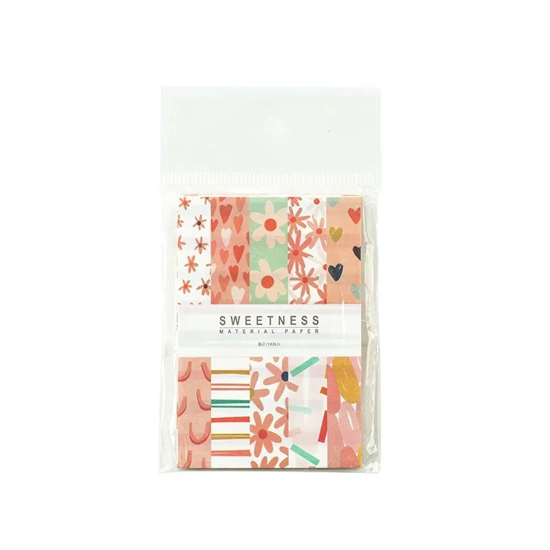 Retro collage dessert-themed note papers in ten colours showing 56x83mm size