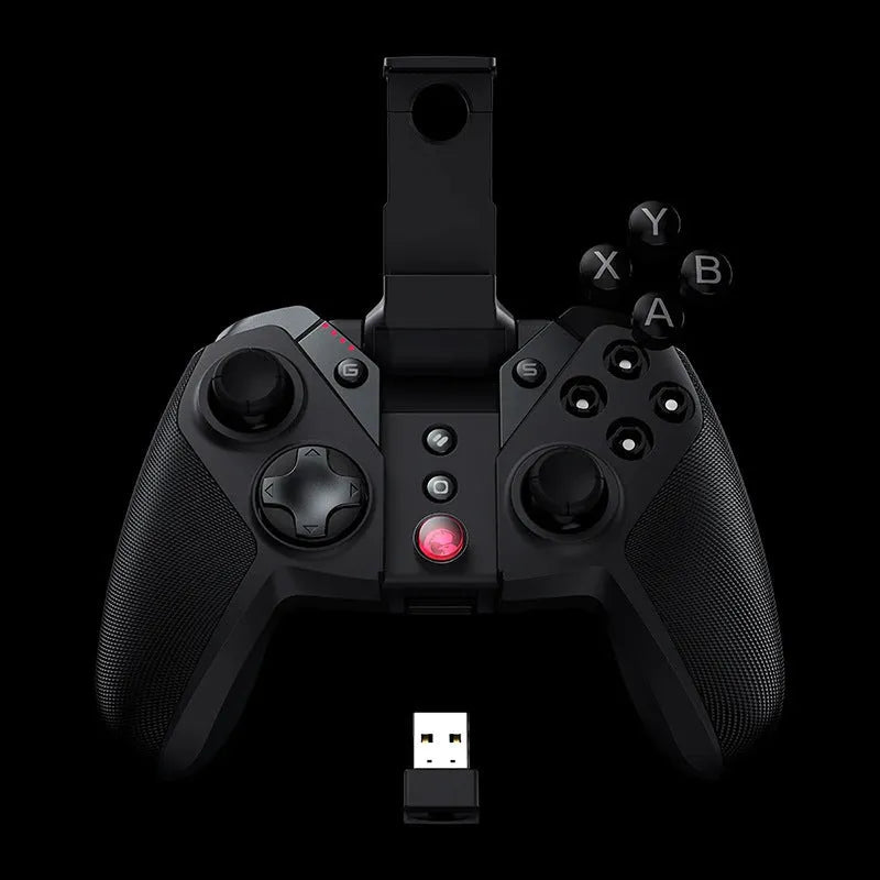 Black game controller with a unique chicken-shaped handle and a USB Type-C cable.