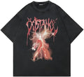 Men's loose black cotton t-shirt with a cartoon print on the front, short sleeve pullover style.