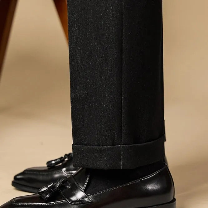 Men's black genuine leather tassel loafers with rubber sole for business casual wear