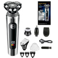 Fully washable digital USB rechargeable beard shaver with LED display on five-in-one base.