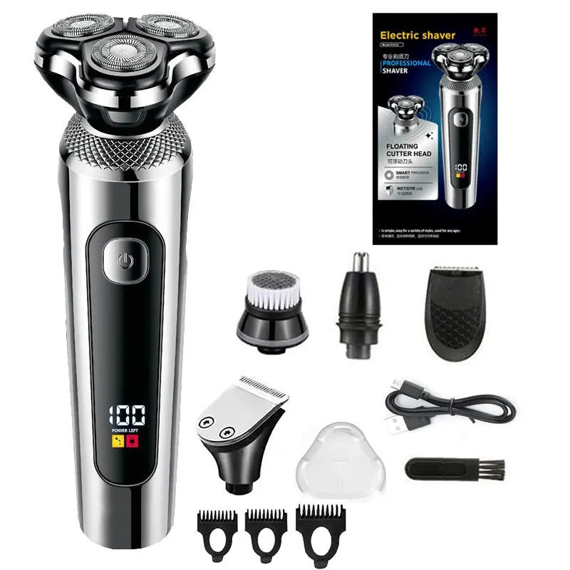 Fully washable digital USB rechargeable beard shaver with LED display on five-in-one base.