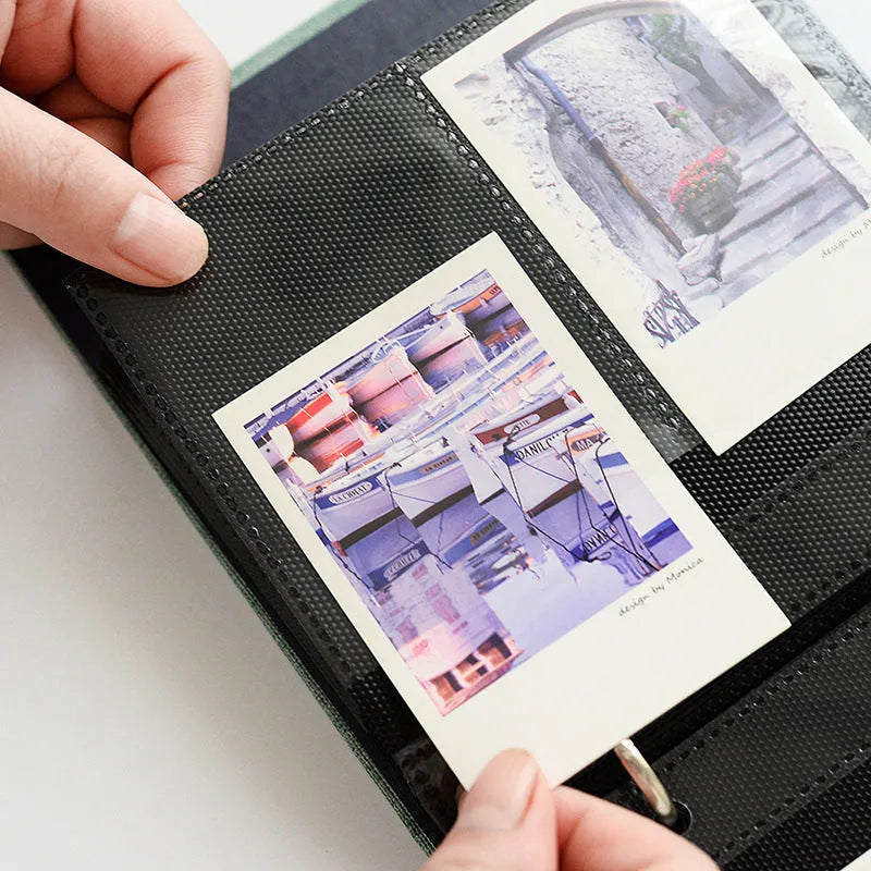 Cotton and linen loose-leaf pocket photo album for 3-inch and 5-inch prints, beige colour, closed view