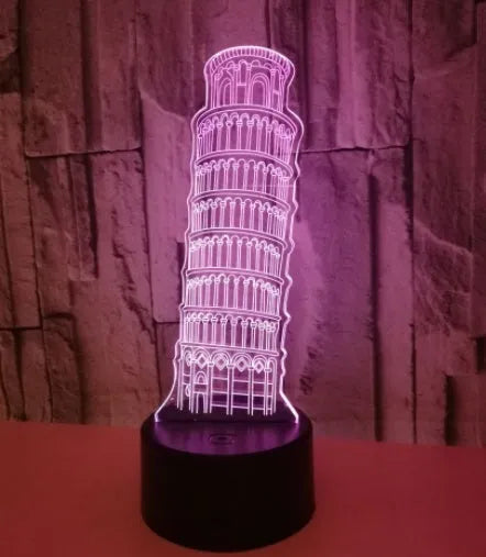 Leaning Tower of Pisa 3D acrylic night light illuminating in multiple colours on a desk
