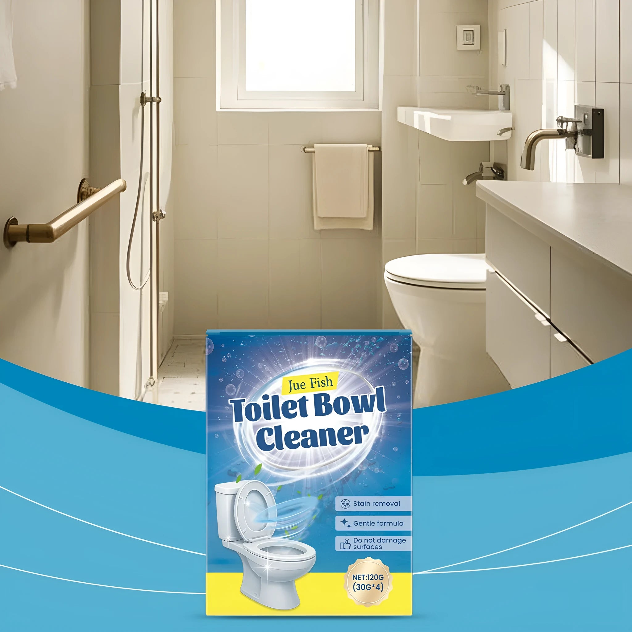 Four sachets of toilet cleaning powder for descaling and stain removal in a 120g pack