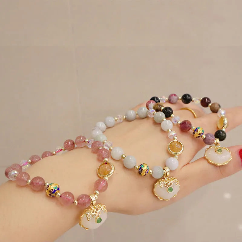 Women's bracelet with jade bead in geometric shape and metal three-dimensional ethnic decoration