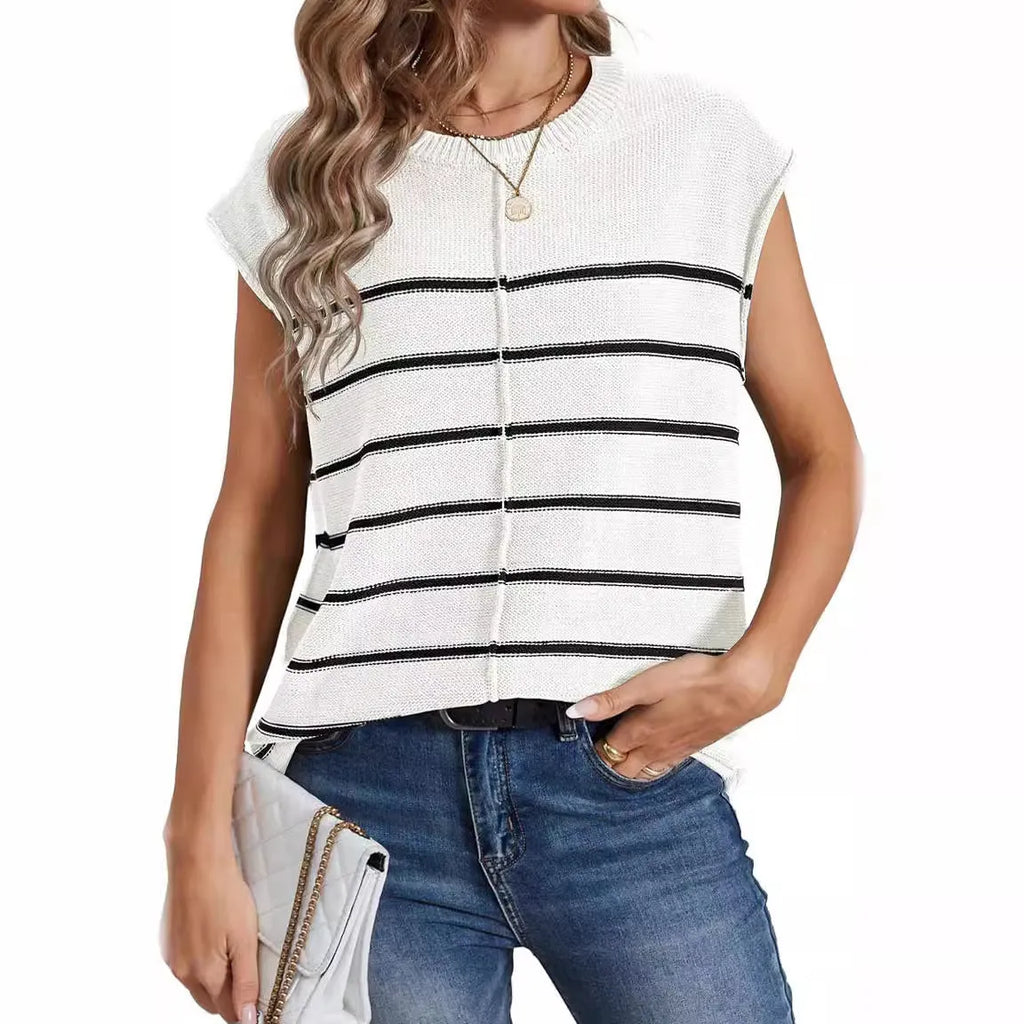 Women's striped sleeveless pullover vest top in apricot colour on a hanger