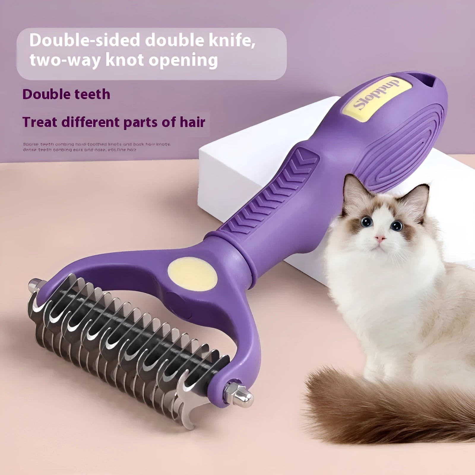 Purple double-sided plastic pet comb for detangling knots from cat or dog fur