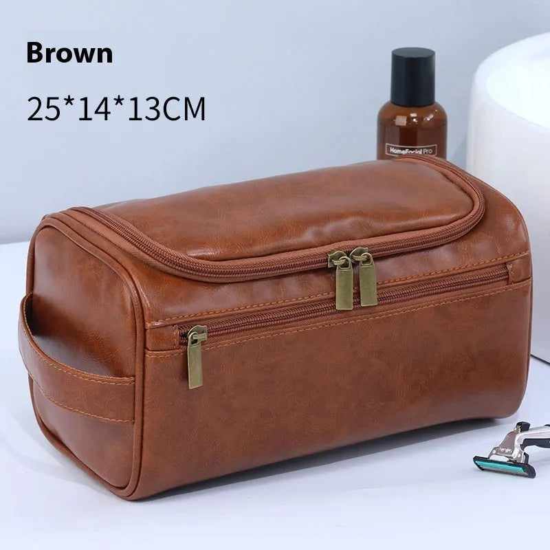 Large capacity waterproof cosmetic storage bag in retro style with PU leather construction