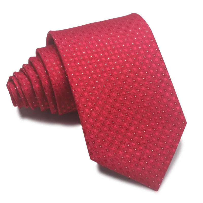 8cm wide polyester Jacquard striped business tie in arrow shape showing red, black, and blue colour options