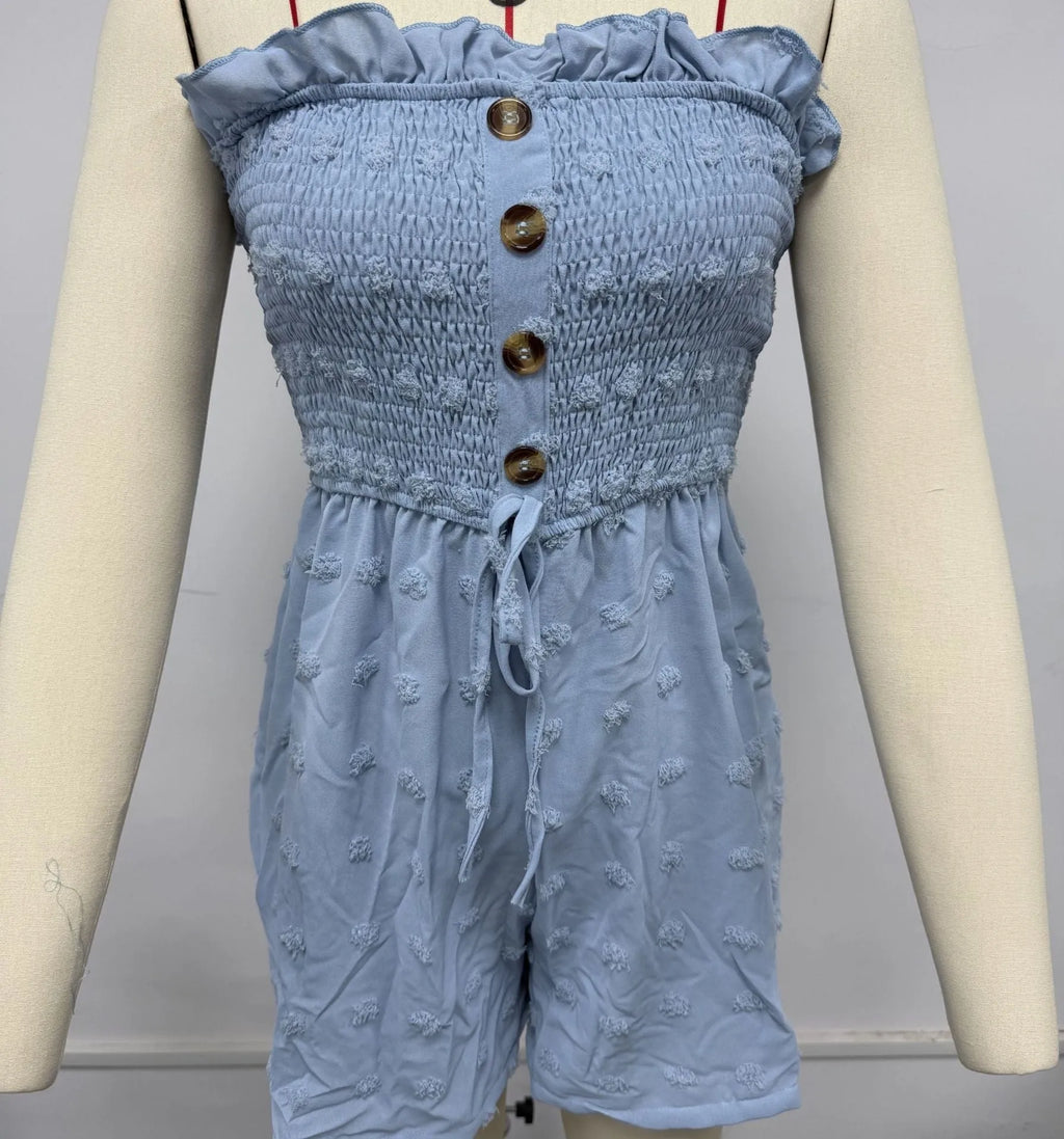 Women's off-shoulder sleeveless jumpsuit in solid colour with mid-waist and button detail