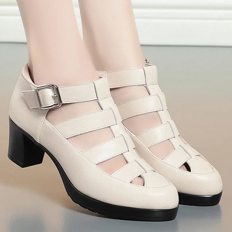 Closed toe chunky heel sandals for women, woven hollowed upper, ankle strap, beige colour, side view