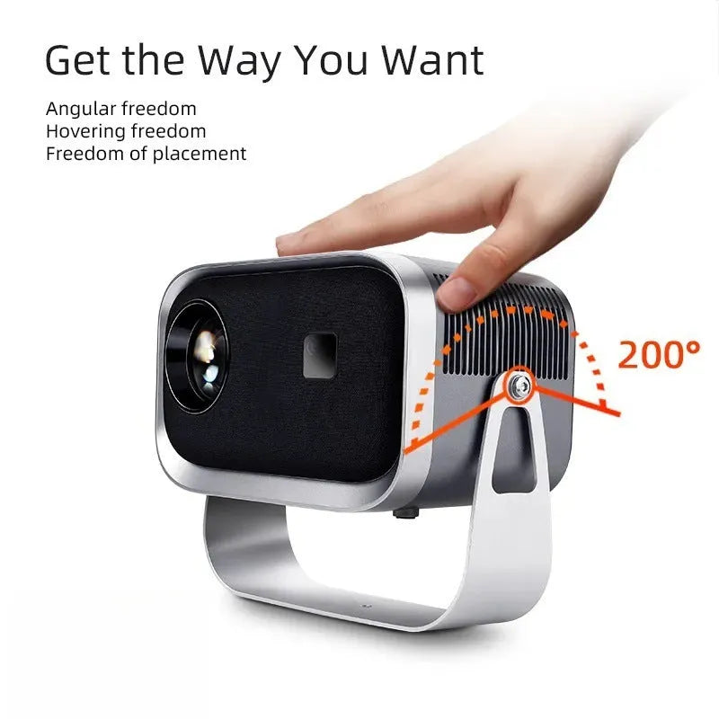 4K Android home projector with 1080p resolution and wireless screen mirroring, portable design