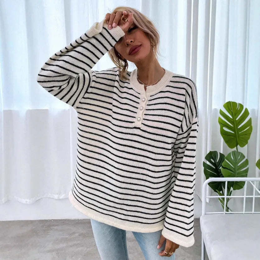 Black women's striped casual top with long sleeves and drop-shoulder design
