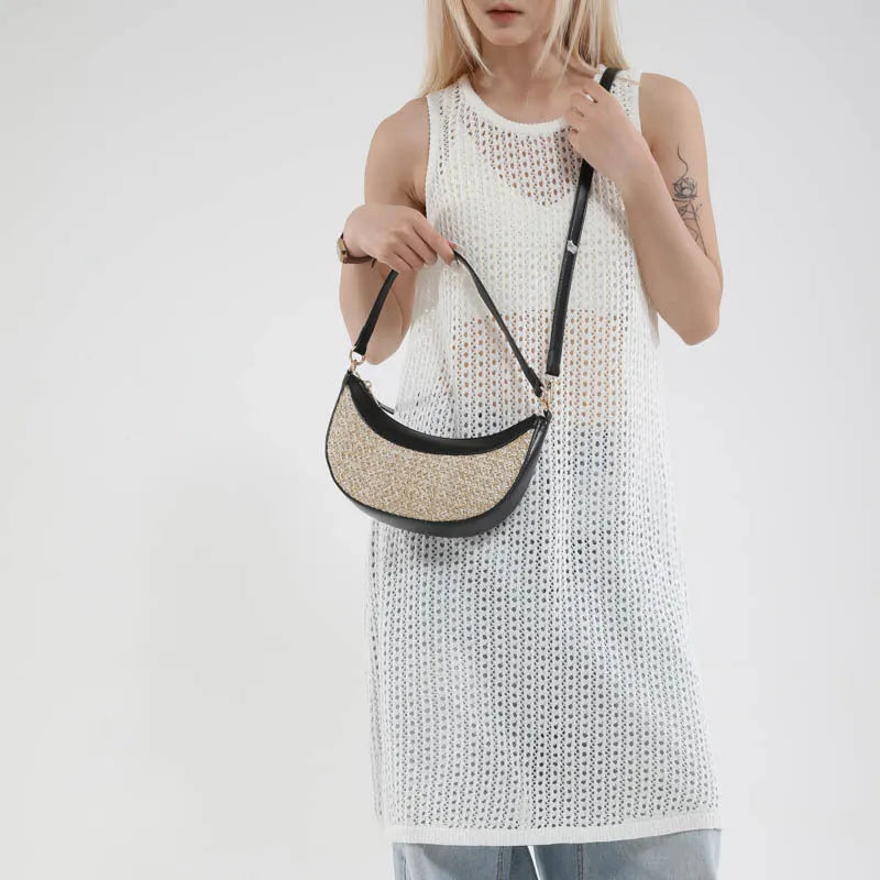 Straw crossbody dumpling bag with contrast stitching in black, brown, green, white colours for women leisure travel