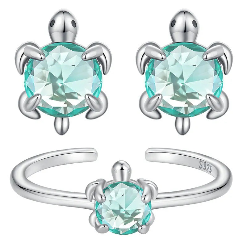 S925 sterling silver turtle ear studs and ring set on white background, electroplated 925 silver jewellery for women