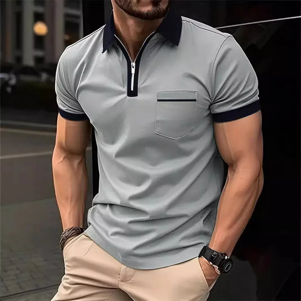 Men's loose fit casual short sleeve shirt with chest pocket in two-tone colour combination