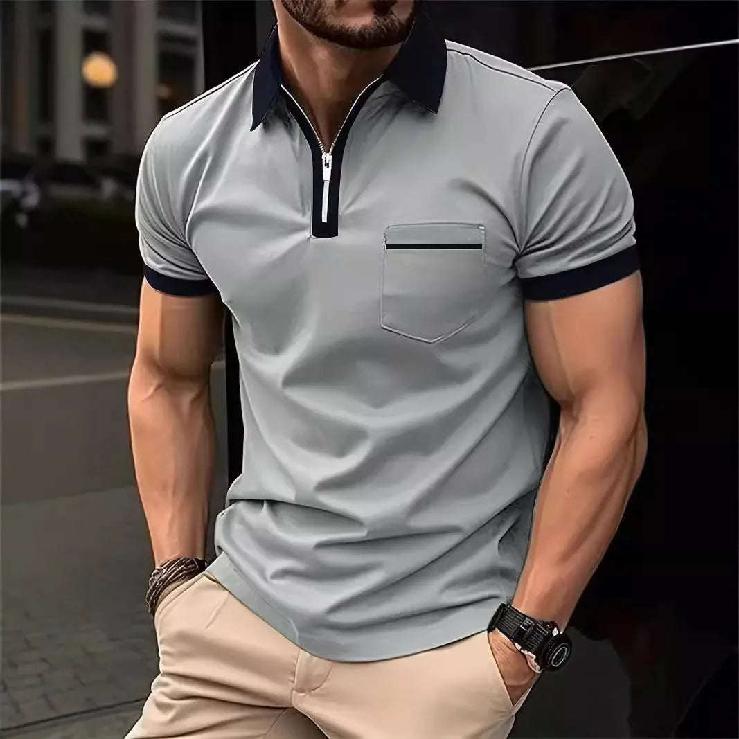Men's loose fit casual short sleeve shirt with chest pocket in two-tone colour combination