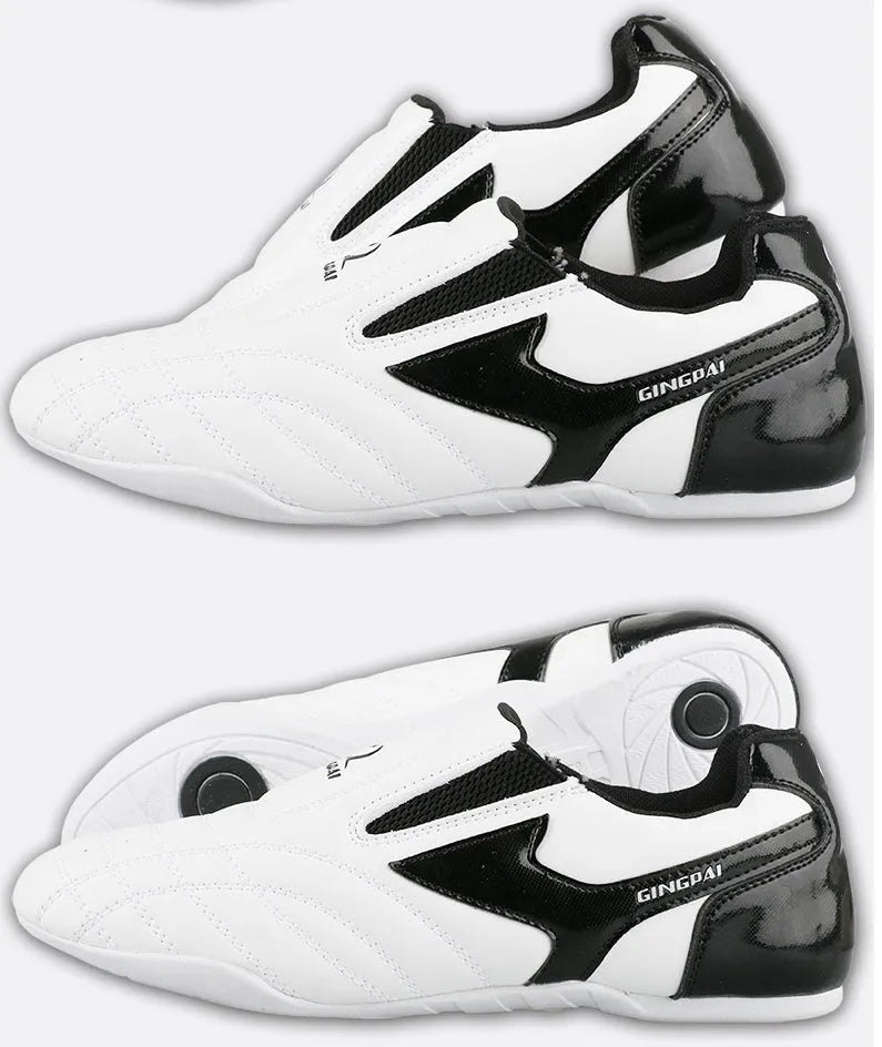 Children's black and white Taekwondo shoes with soft bottom and widened PU leather upper for training