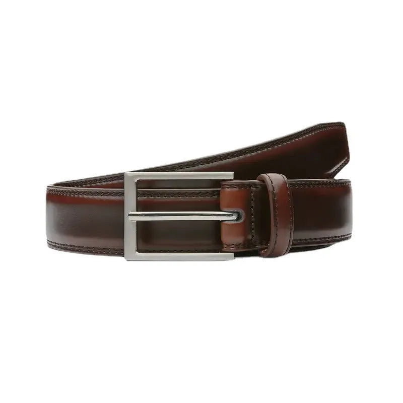 Men's brown genuine leather casual belt with an alloy buckle, showing the wild 95 grain texture.