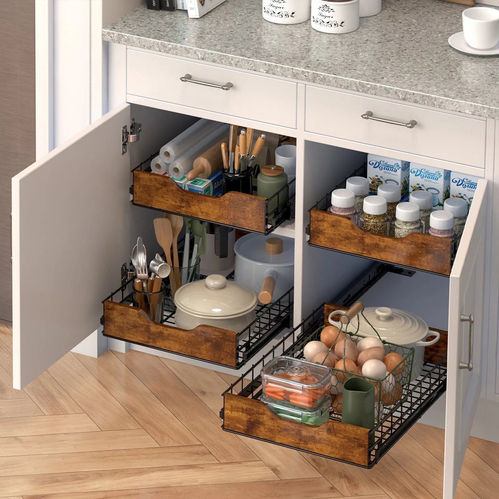 Black wood and iron storage rack with pull basket design for kitchen organisation.