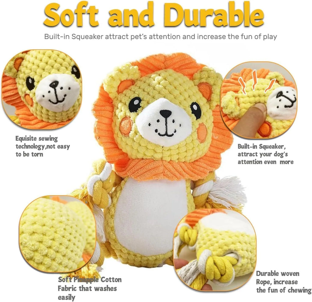 Lion and monkey plush squeaky dog toys showing size comparison with squeakers inside