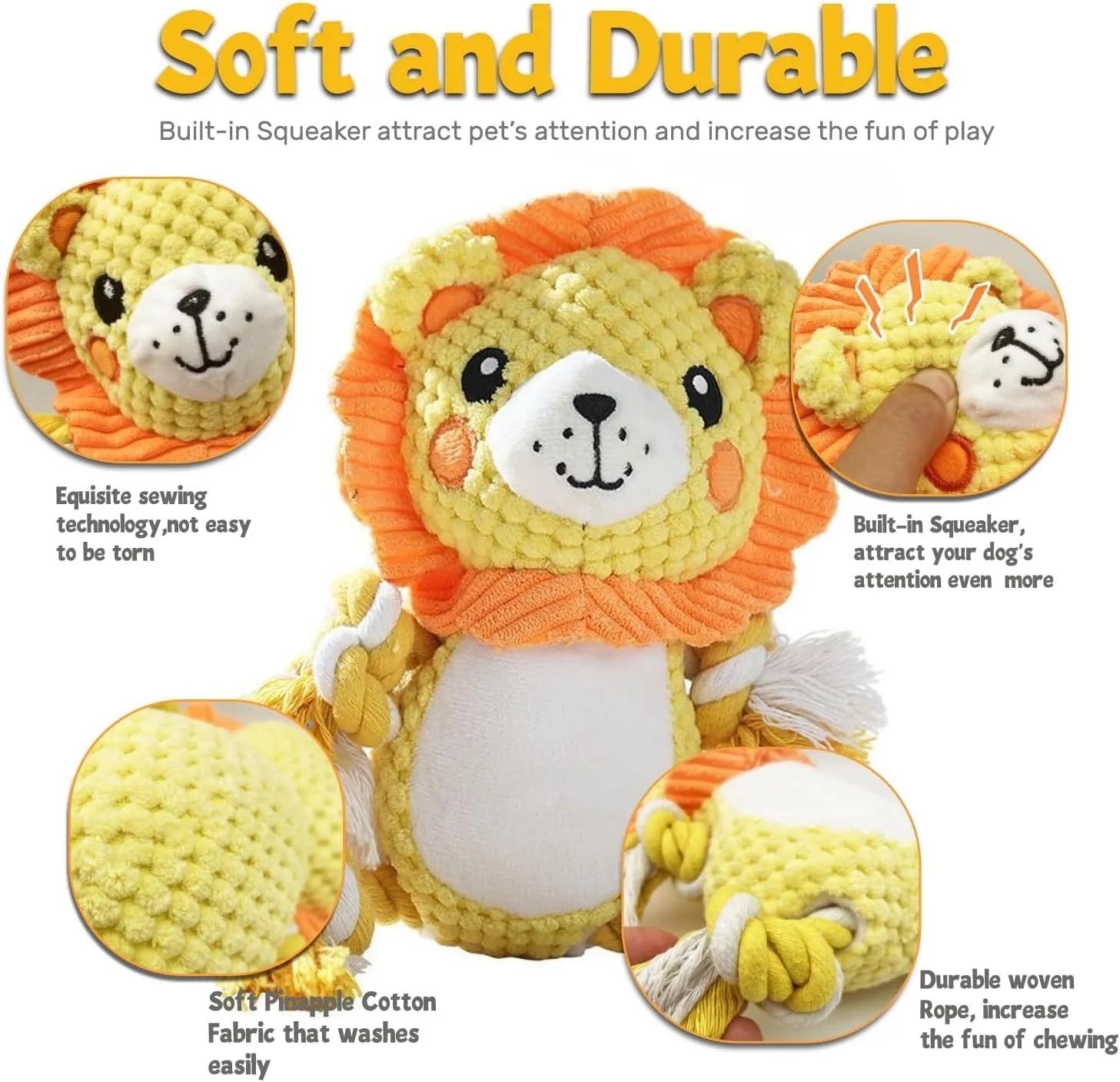 Lion and monkey plush squeaky dog toys showing size comparison with squeakers inside