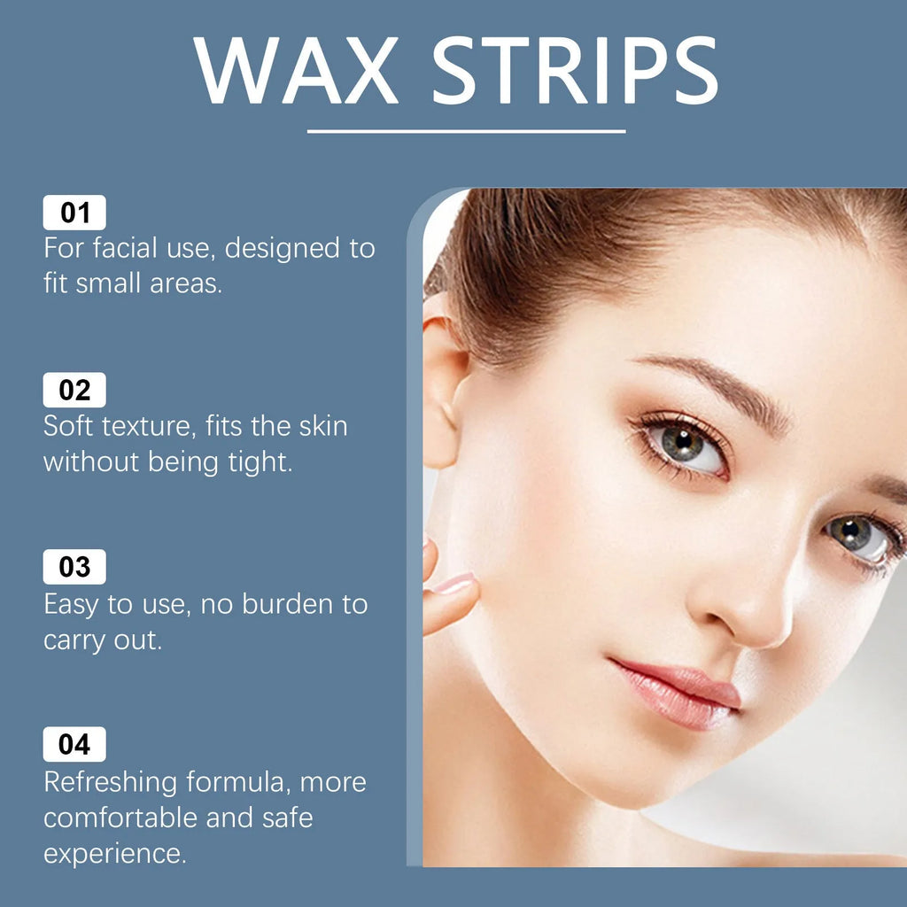 HANCHOBIT facial hair removal wax paper strips with wet wipes, 20 strips and 10 wipes, rosin-based wax for upper lip and face
