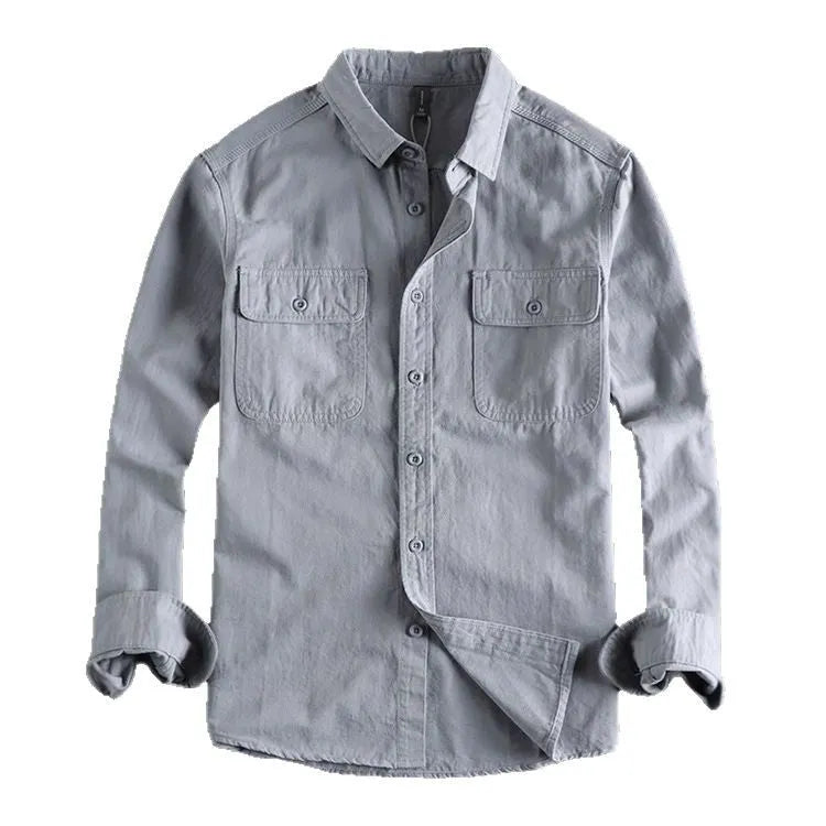 Men's long sleeve polyester overalls shirt in cardigan style with loose fit