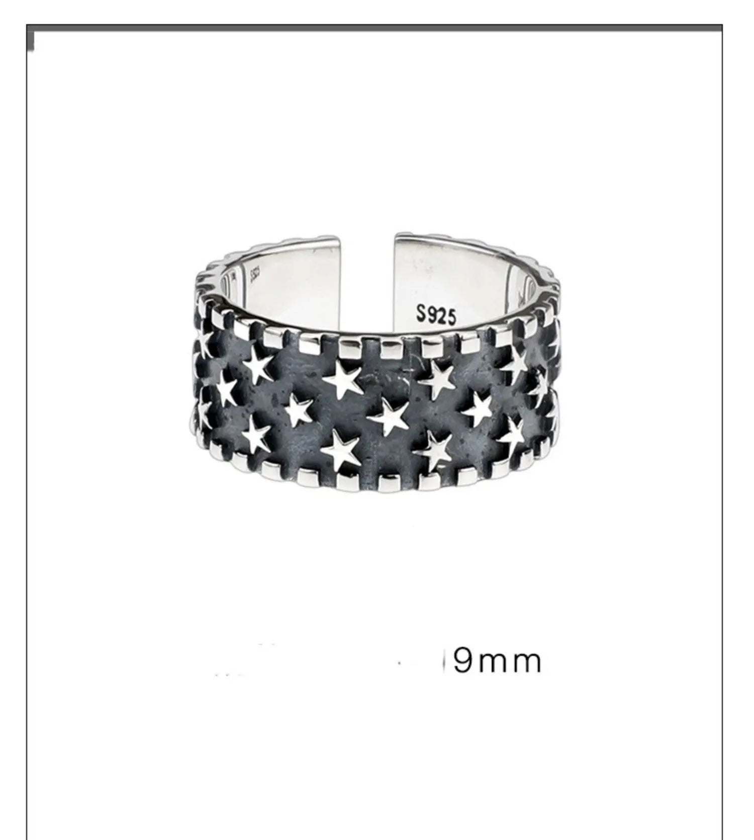 Adjustable open band sterling silver ring with a geometric five-pointed star design.