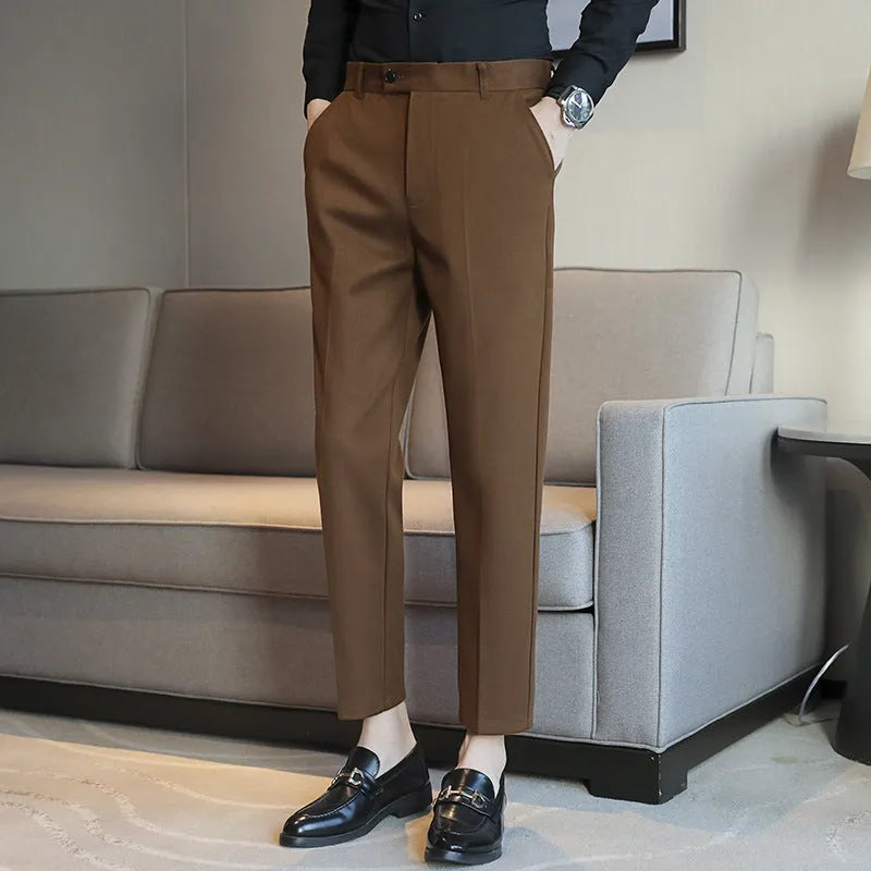 Straight retro brown corduroy trousers with slim fit and elastic waistband for men