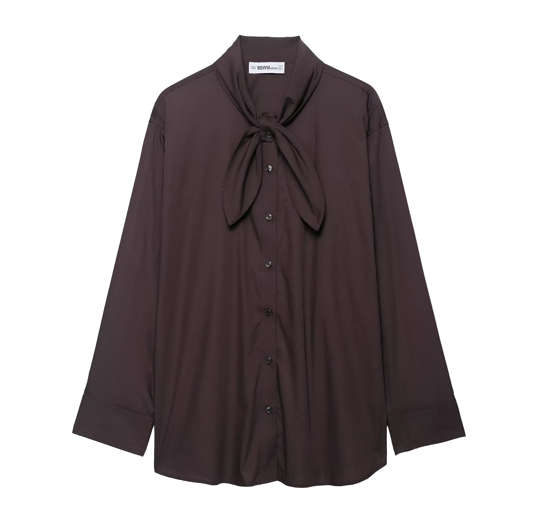 Women's brown loose-fit long sleeve poplin shirt with attached scarf bow tie, front view