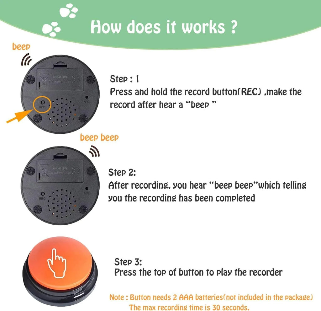 Voice recording dog training button device for 30-second custom message playback in five colour options