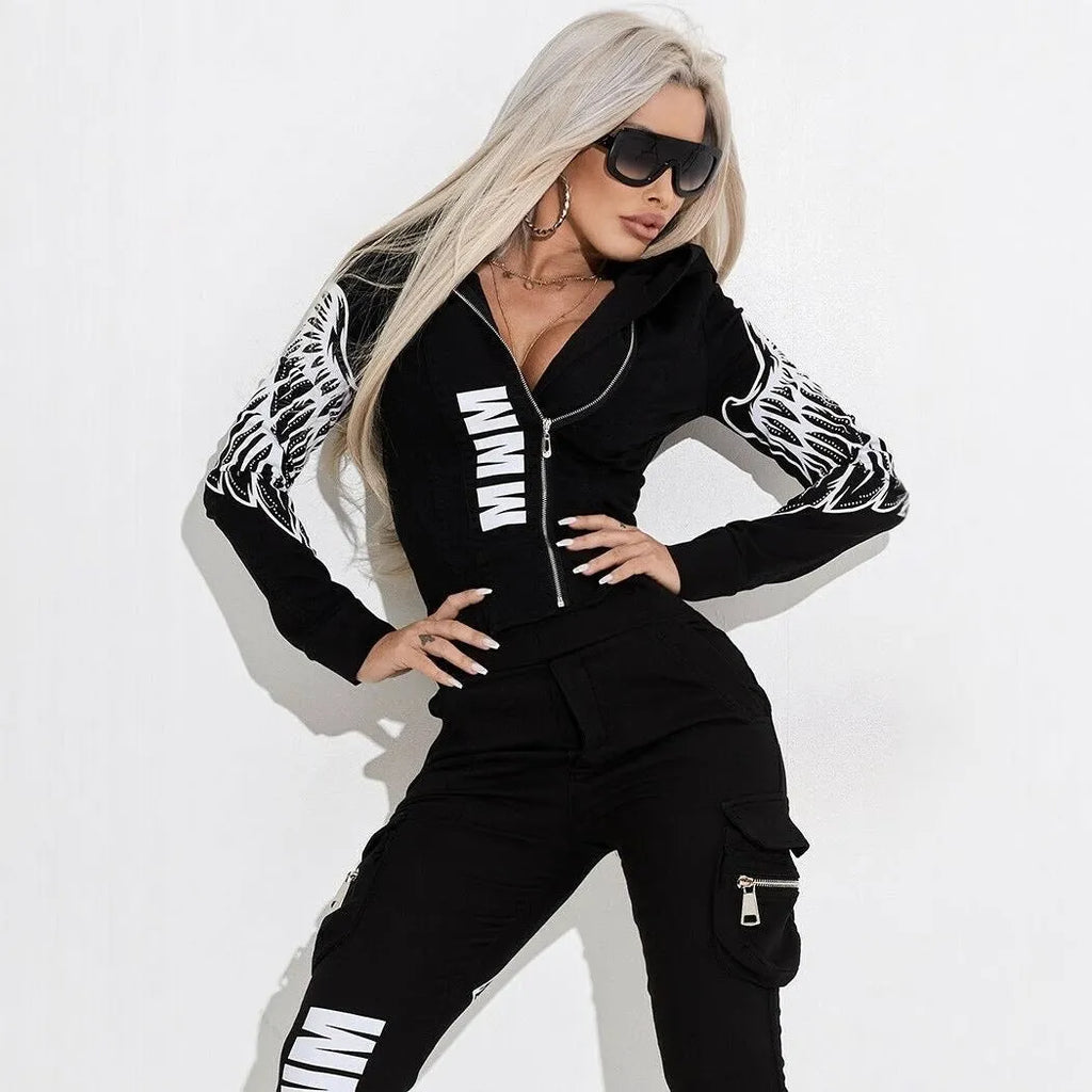 Black women's printed polyester hooded casual suit with zip top and matching trousers on a model