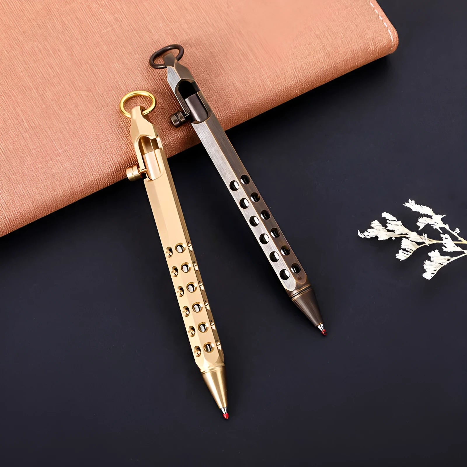 Hexagonal brass bolt action pen showing six-sided barrel and bolt mechanism
