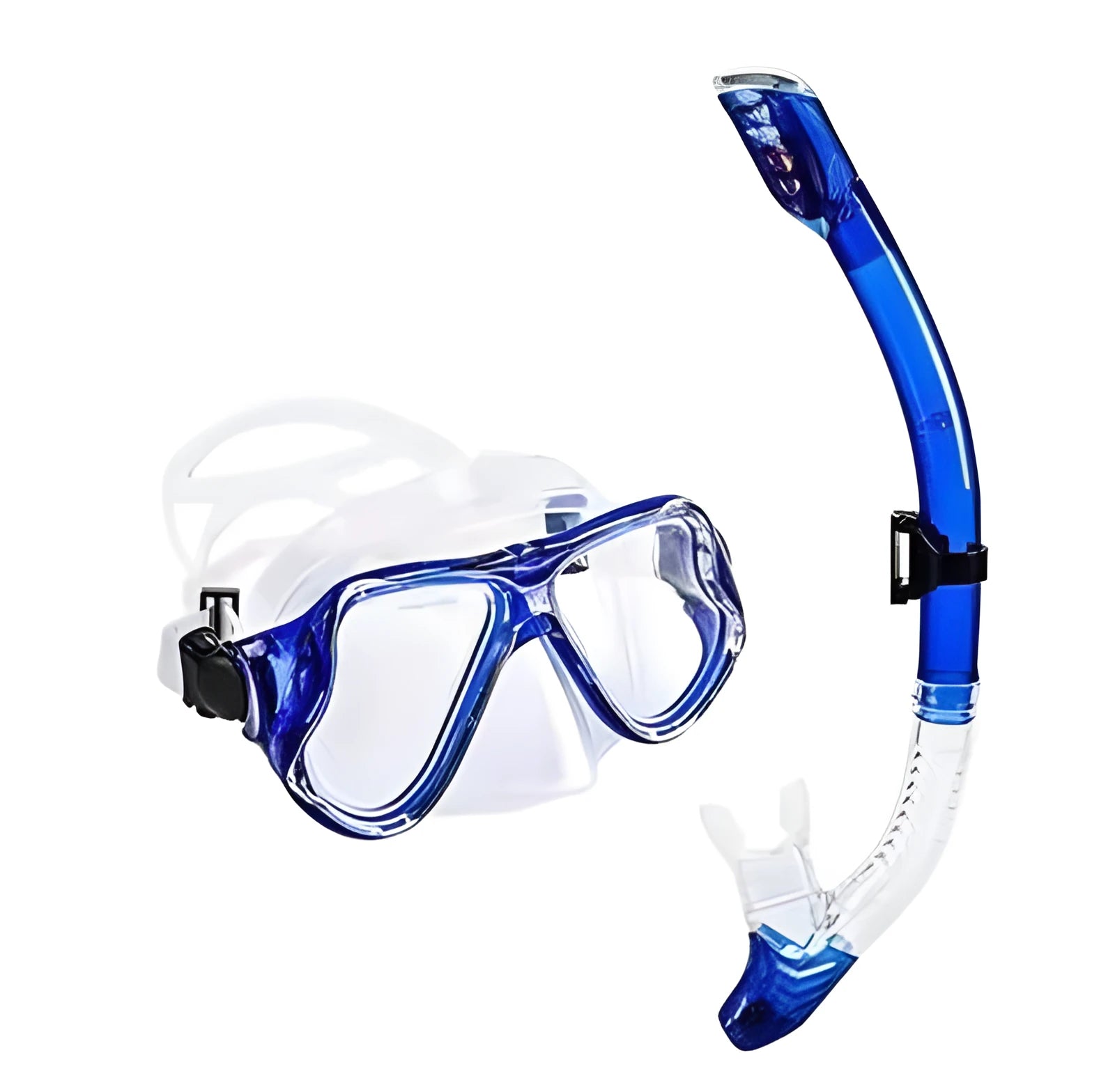Set of black diving goggles with a PC frame, transparent glass lens, silicone mouthpiece, and adjustable strap