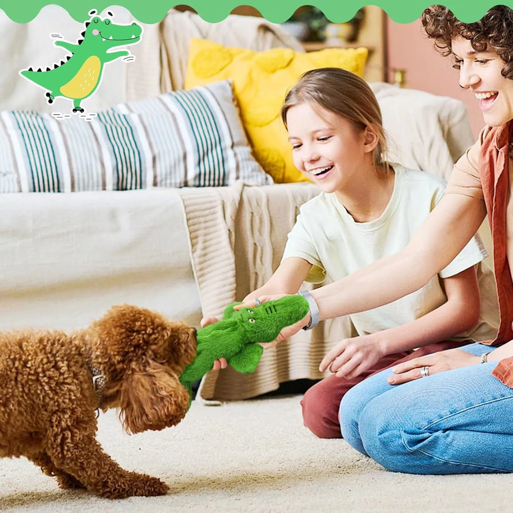 Green plush crocodile dog toy with no-stuffing construction and squeaker features