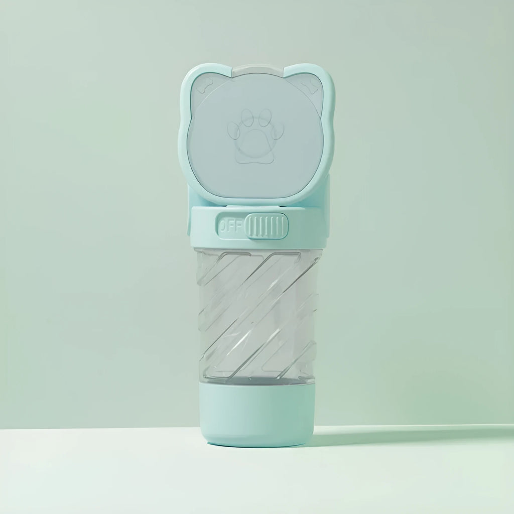 Green, pink, or white 3-in-1 portable pet water bottle with food container and waste bag dispenser.
