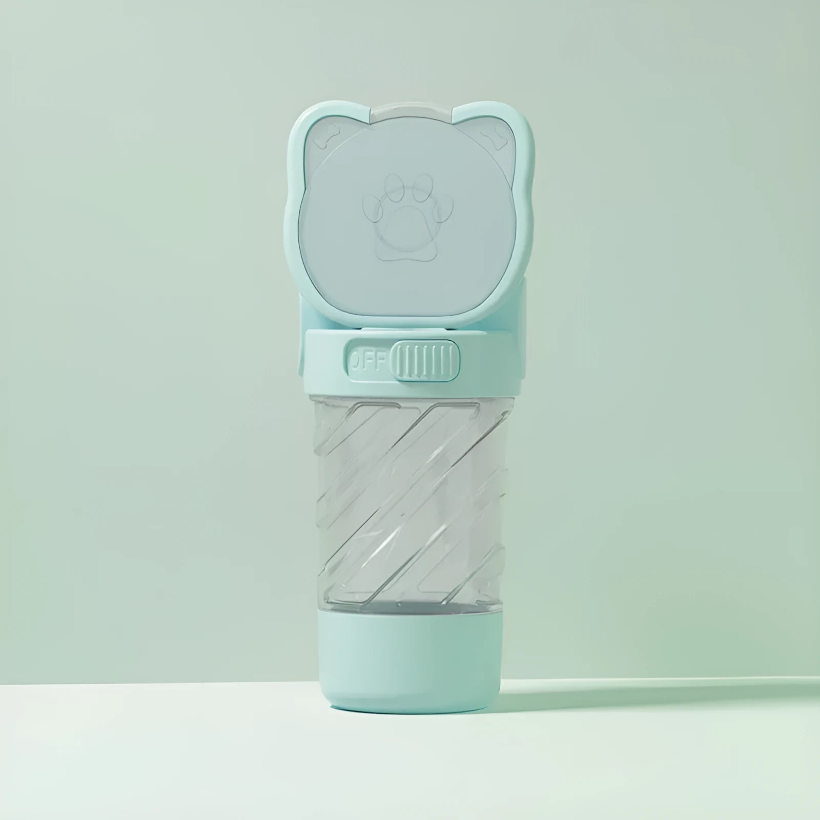 Green, pink, or white 3-in-1 portable pet water bottle with food container and waste bag dispenser.