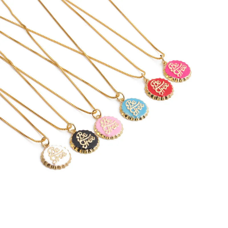 Copper bottle cap pendant necklace with gold plating on a 40cm box chain in various colours.