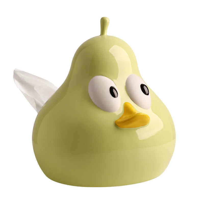 White ceramic pear-shaped tissue box holder in animal style with green finish