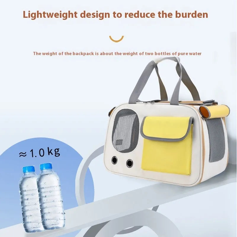 Yellow foldable canvas pet shoulder bag with large capacity and a single shoulder strap.