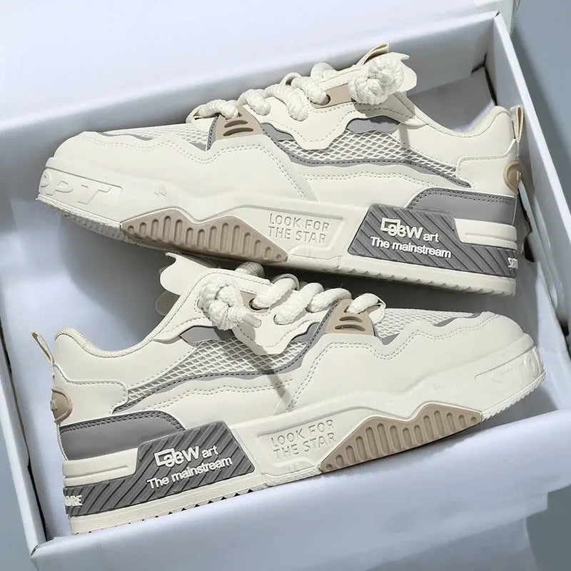 Men's casual board shoes with soft rubber sole, mesh lining, low-top flat heel, available in beige
