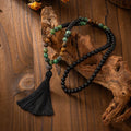 Vintage bohemian long beaded sweater chain with geometric design and tassel detail