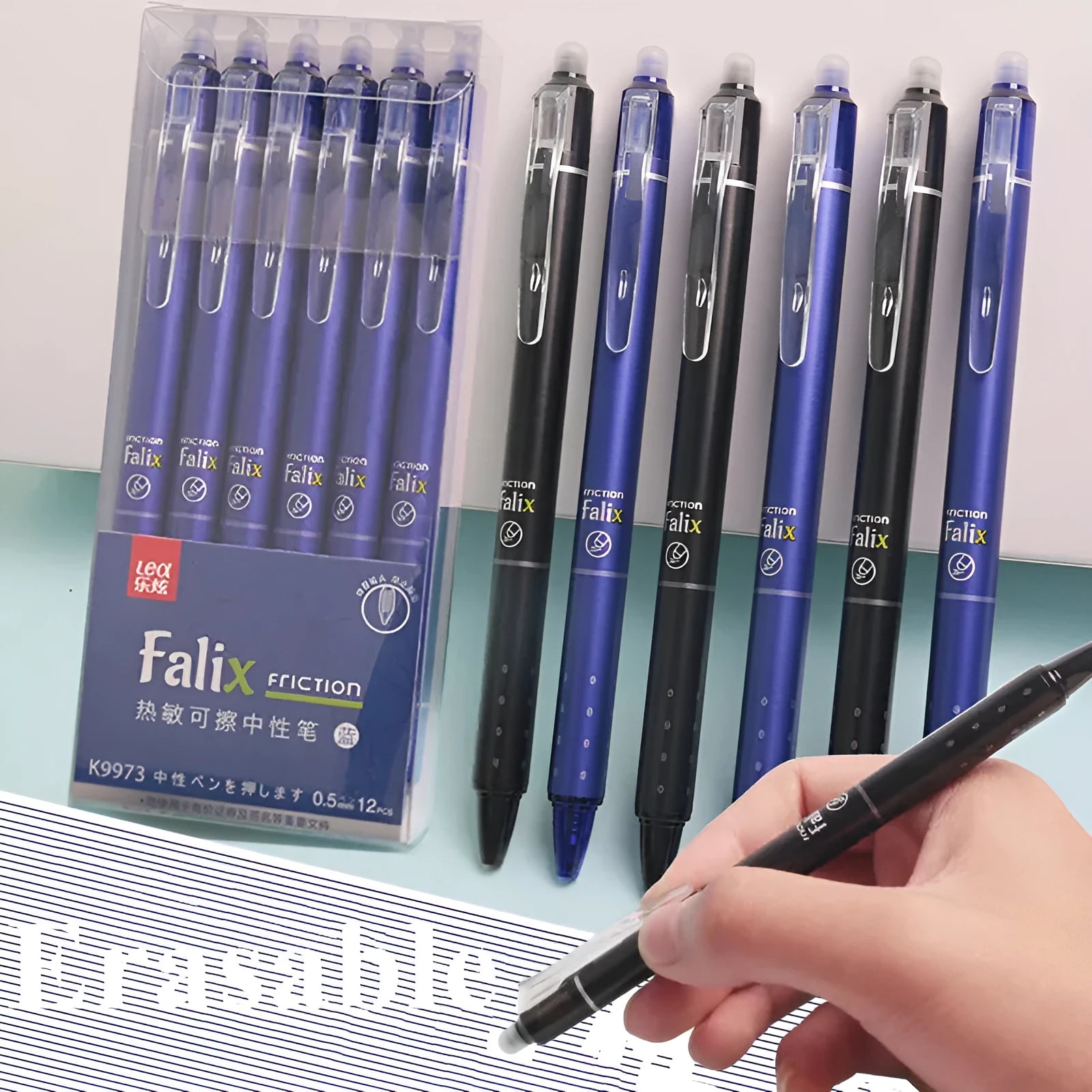 Hot erasable push gel pen with 0.5mm stainless steel nib and plastic shell in blue or black refill options